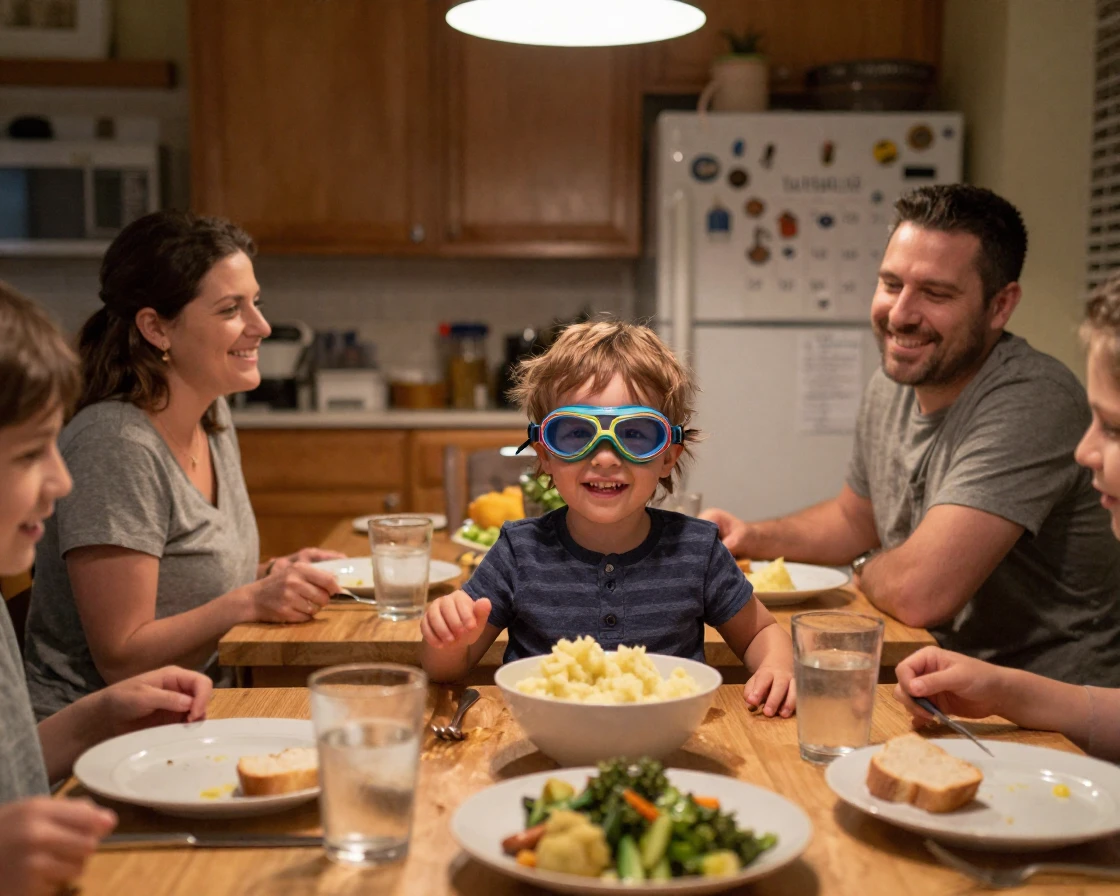A toddler insists on wearing swim goggles to the dinner table.