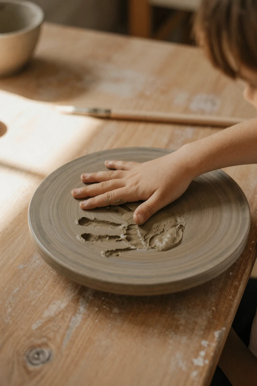 A child's small handprint in wet clay sitting atop a wooden desk, quietly telling its own small story