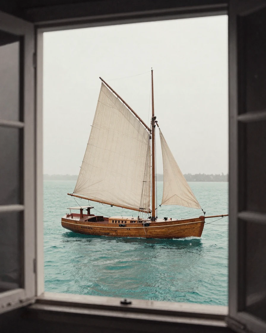 A wooden sailboat cutting through calm turquoise water, in soft window light, under a light drizzle, in the mild days of early autumn, with stark black-and-white contrast softened by a single warm hue, framed through an open doorway.