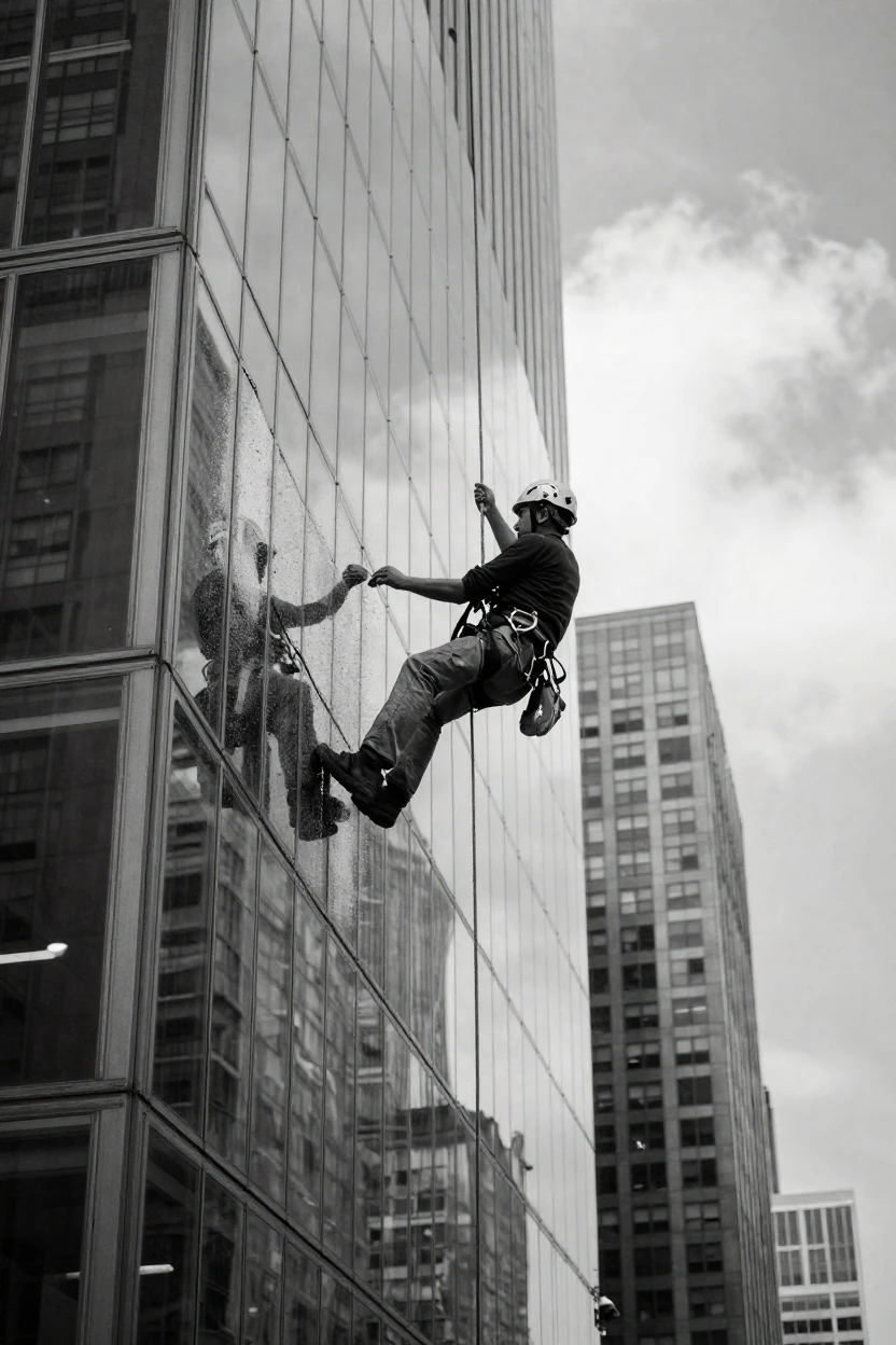 A window washer dangles from a rope high above the street on the side of a glass skyscraper.