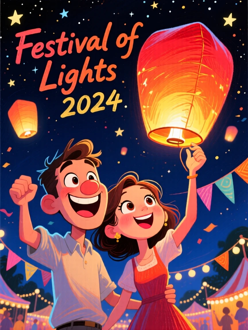 A couple releasing lanterns into the night sky during a festival celebration.