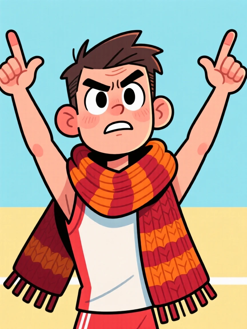 A charming portrait of a determined athlete, gesturing dramatically with both hands raised, wrapped in a cozy oversized scarf.