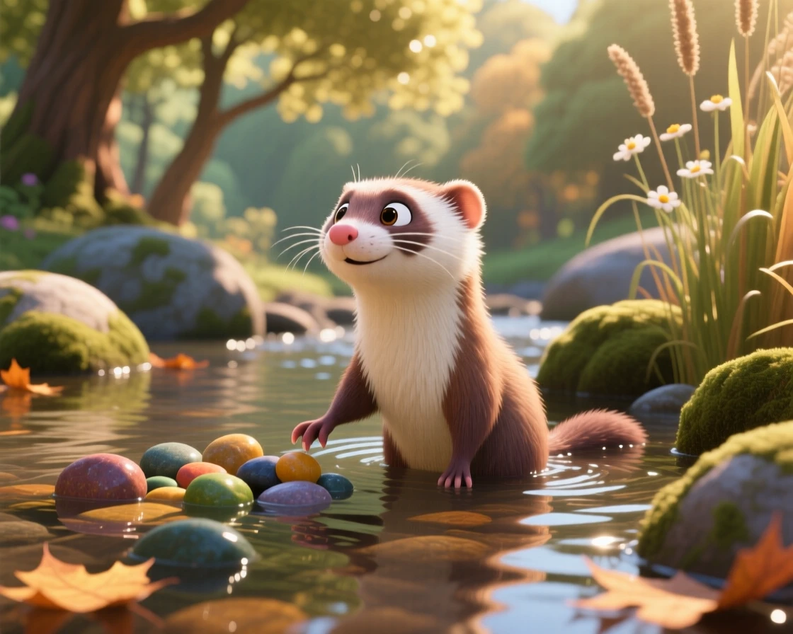 A curious ferret is standing knee-deep in a shallow stream, reaching out a tiny paw. A quiet, comforting sweetness surrounds the scene, with soft light catching its fur.
