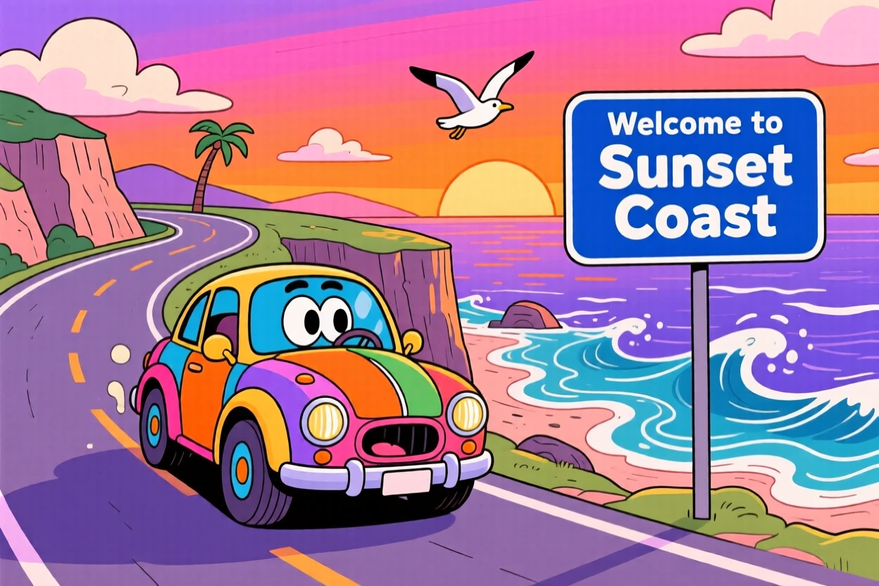 A road trip car winding along a coastal highway at sunset.