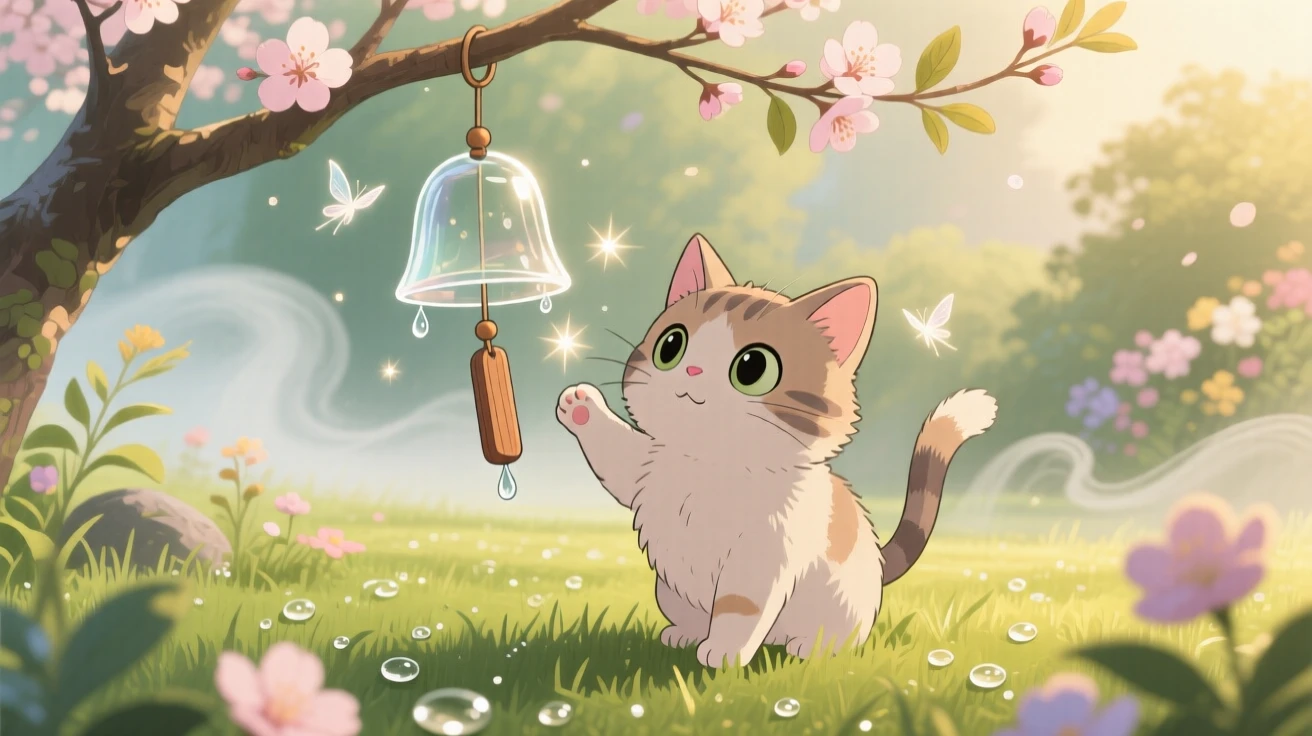 A kitten batting at a dangling wind chime, with morning dew glistening on the grass nearby, radiating pure charm.