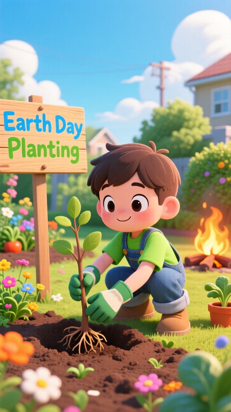 Dynamic diagonal composition of a little boy, planting a new tree on Earth Day, in a sunny community garden, under a clear summer sky, illuminated by cozy firelight, radiating sleepy relaxation.