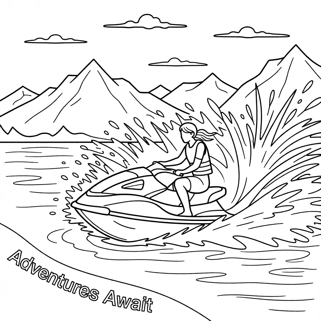 A jet ski cutting a spray across open water, with mountains rising dramatically in the background.