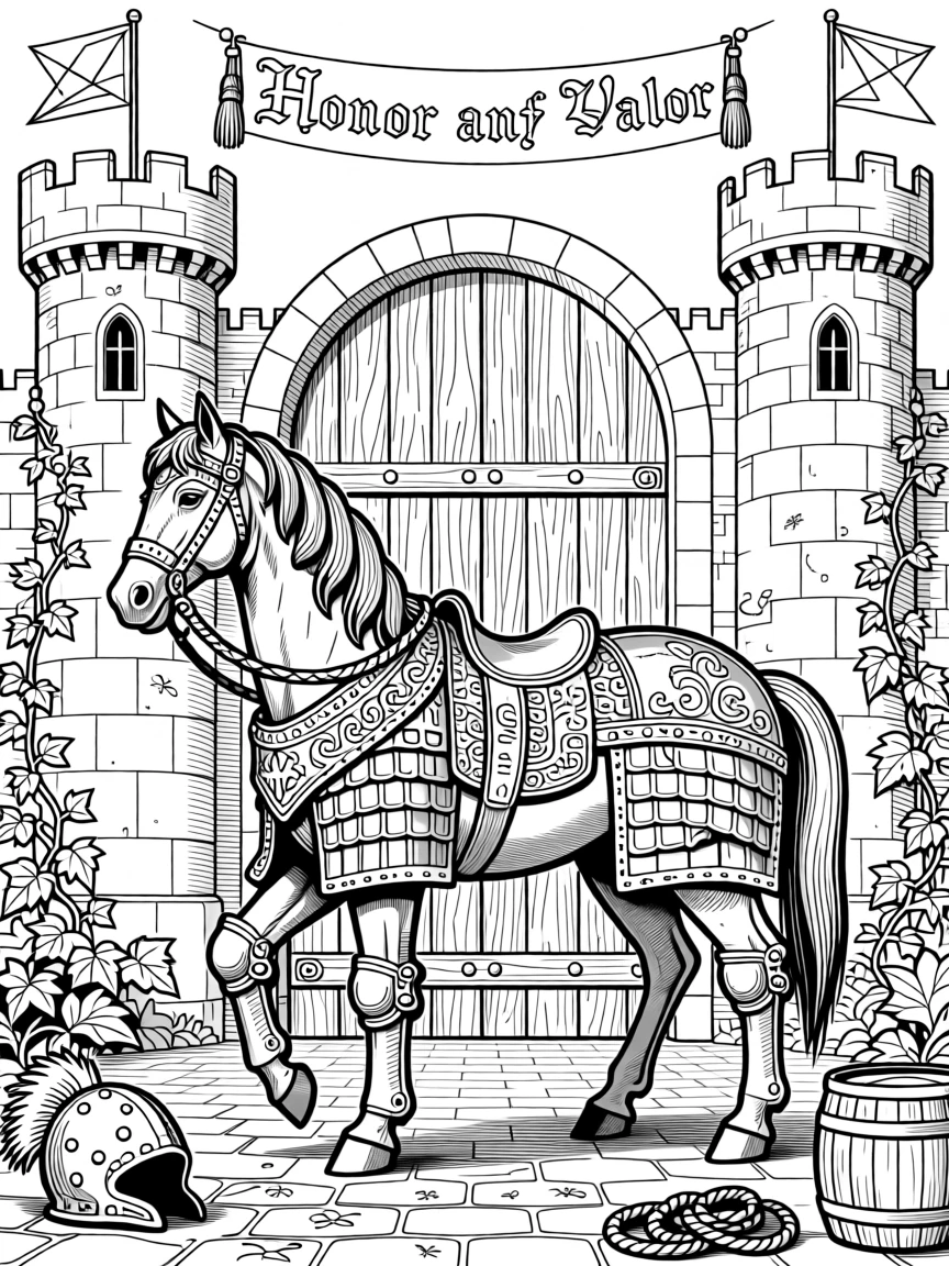 A knight's steed adorned with ornate armor before a castle gate.