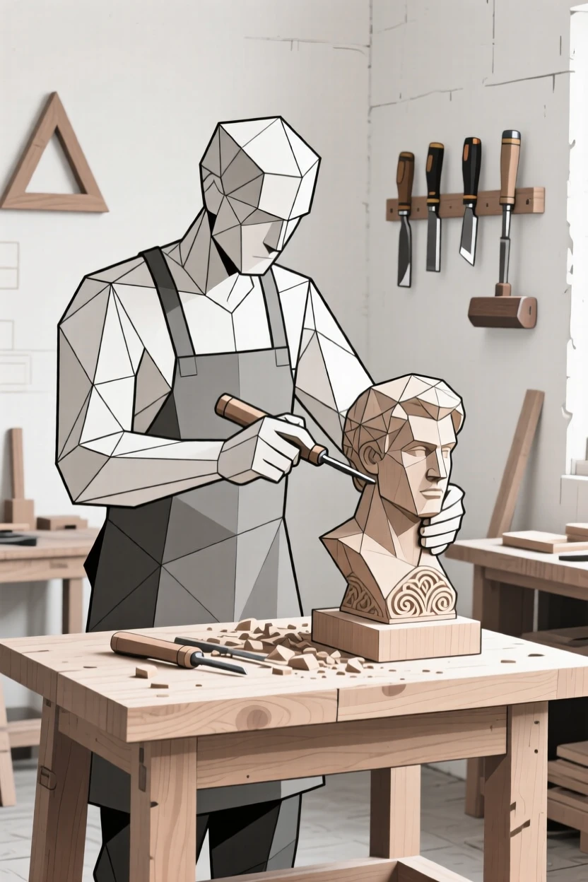 A woodworker carving a detailed sculpture in a workshop