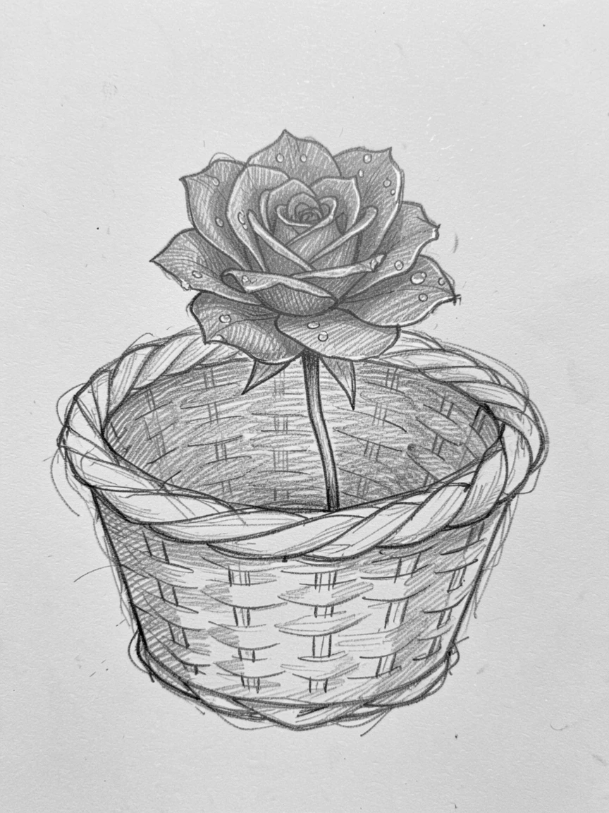 A single red rose in a woven wicker basket, with tiny water droplets clinging to the petals.