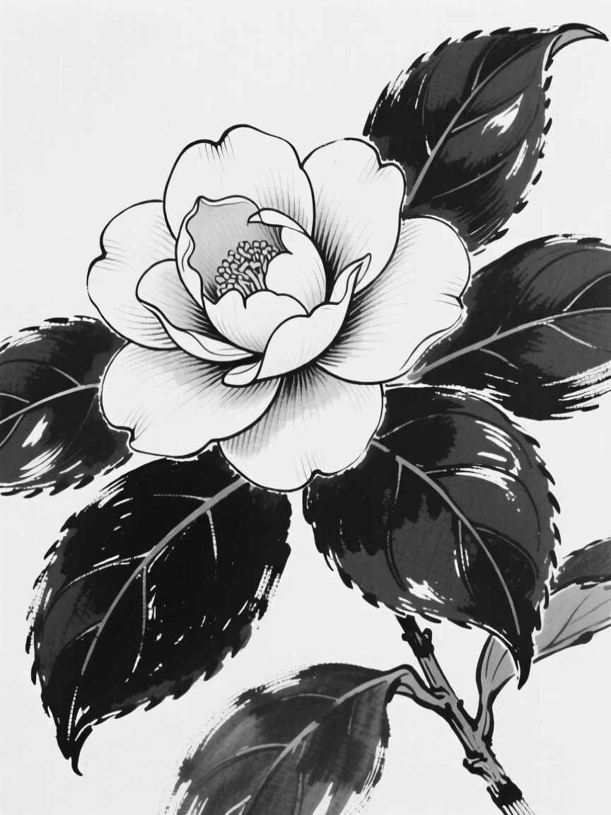 A single camellia blossom resting on dark green glossy leaves.