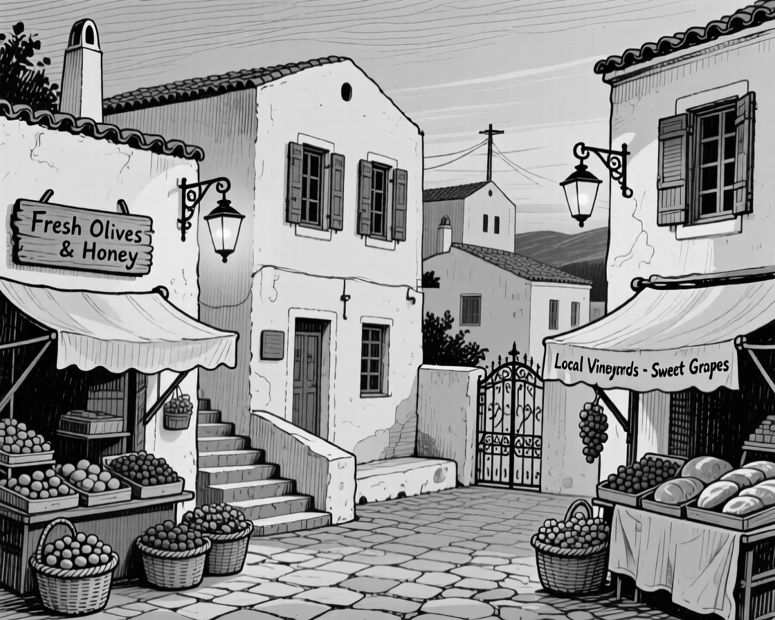 A greek village of whitewashed buildings with lanterns beginning to glow at dusk, featuring market stalls tucked into the corners, rendered in a quietly charming architectural composition.