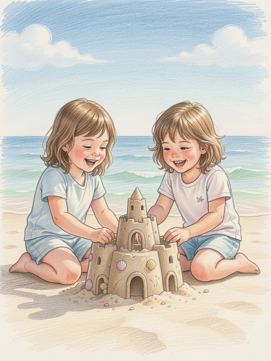 Siblings building a sandcastle together on a sunny beach, with tender, candid details that feel true to life, capturing the pure joy and innocence of childhood.