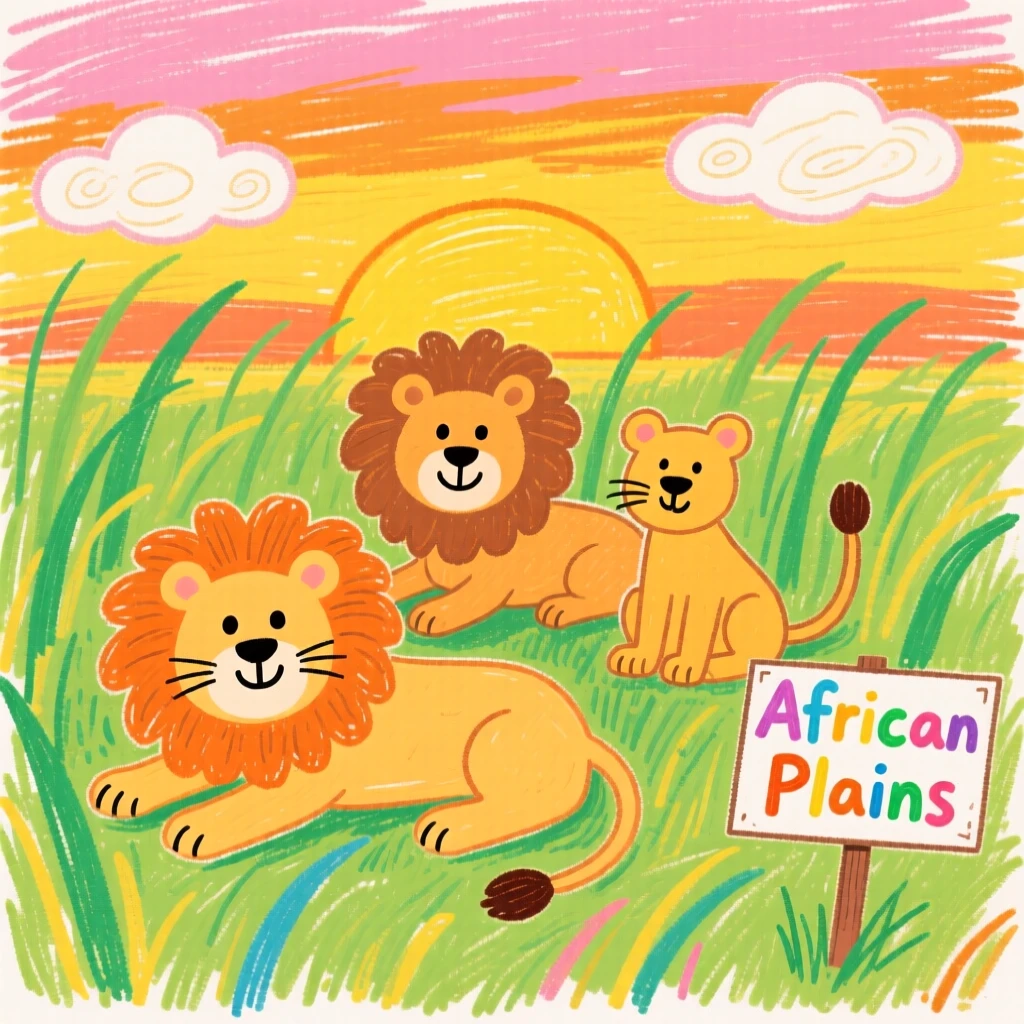 A pride of lions resting in tall grass at golden sunset on the African plains.