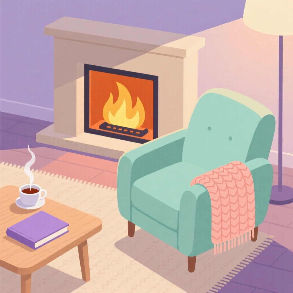A cozy living room with a fireplace and knitted throw blanket, arranged in a softly lit evening setting, arranged in a neatly styled flat lay composition, with gentle pastel tones evoking calm and comfort.