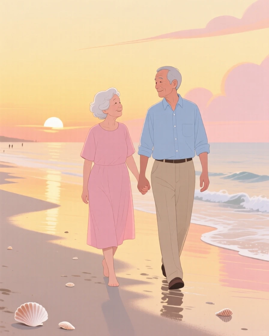 An elderly couple walking hand in hand along a quiet beach at sunset.