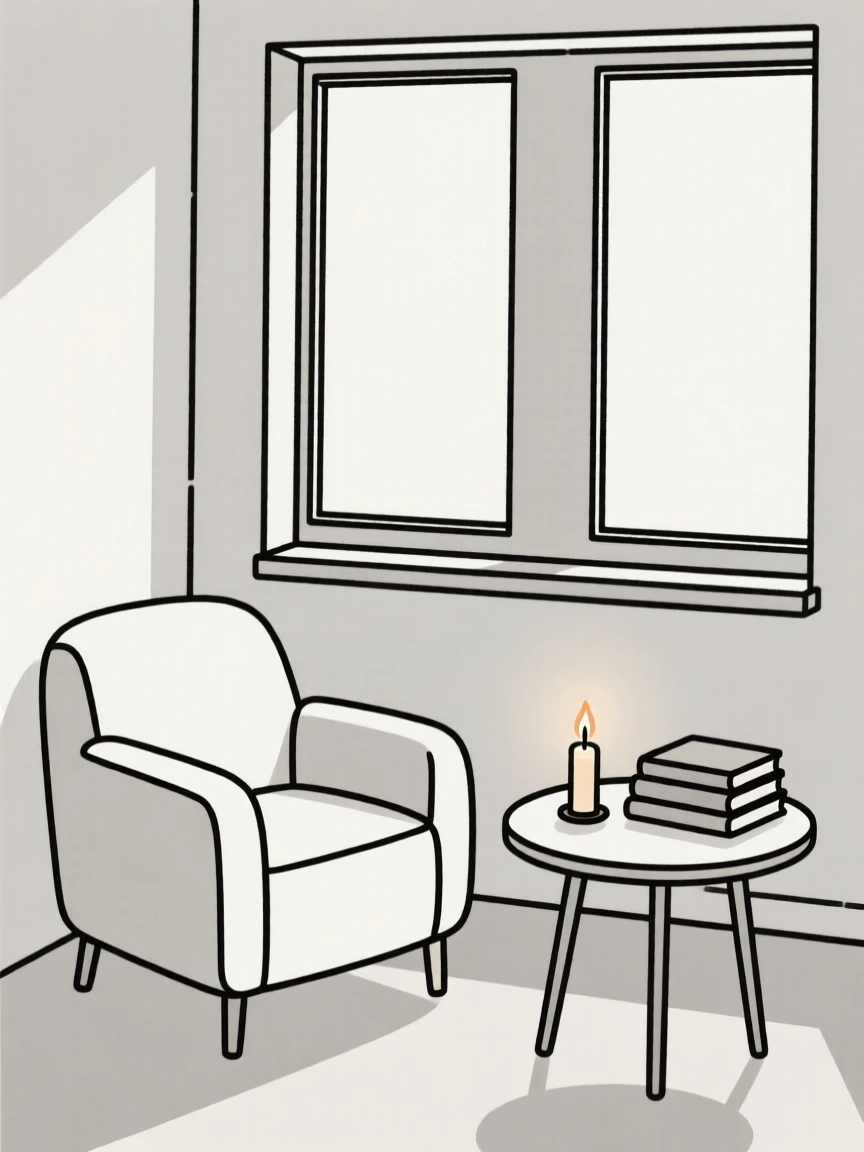 A tidy reading nook arranged near a lit candle in a small city loft, expressing mindful presence.