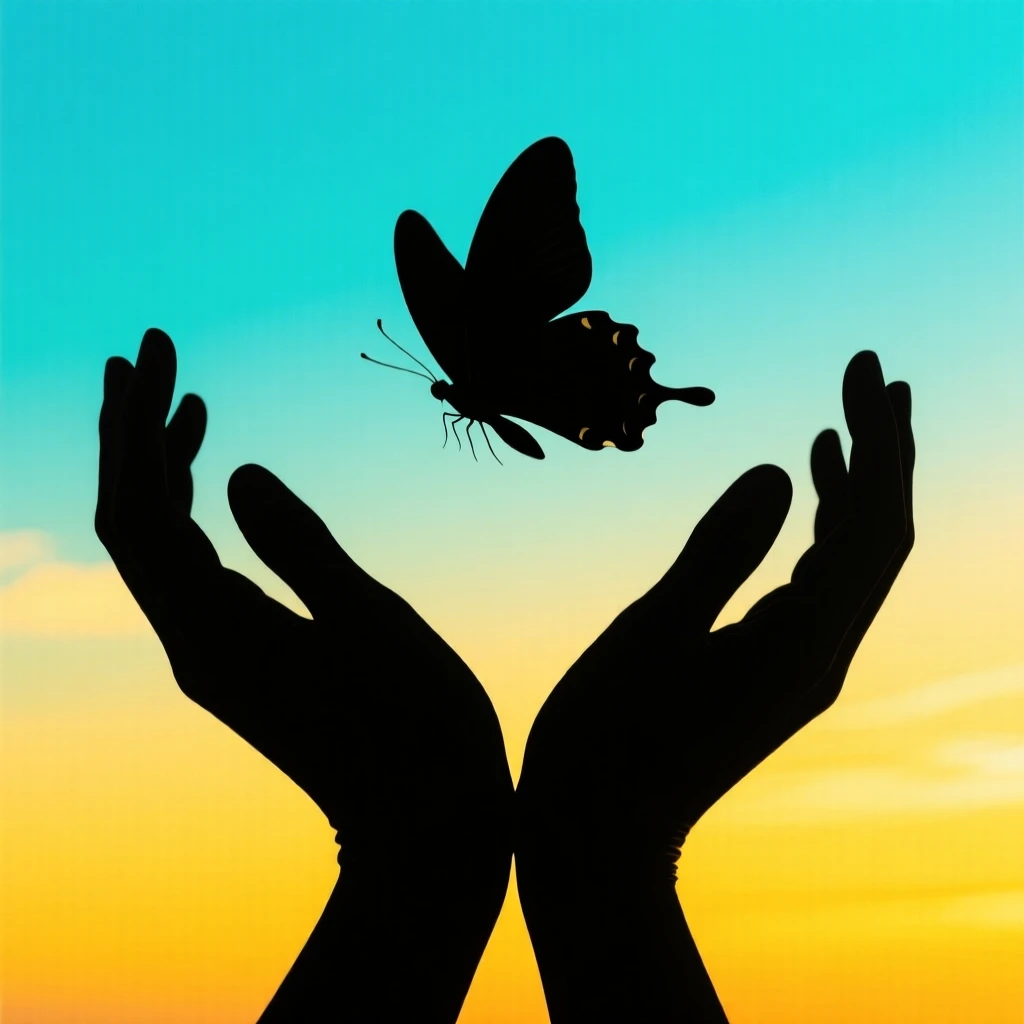 A pair of cupped hands releasing a butterfly into the open air.