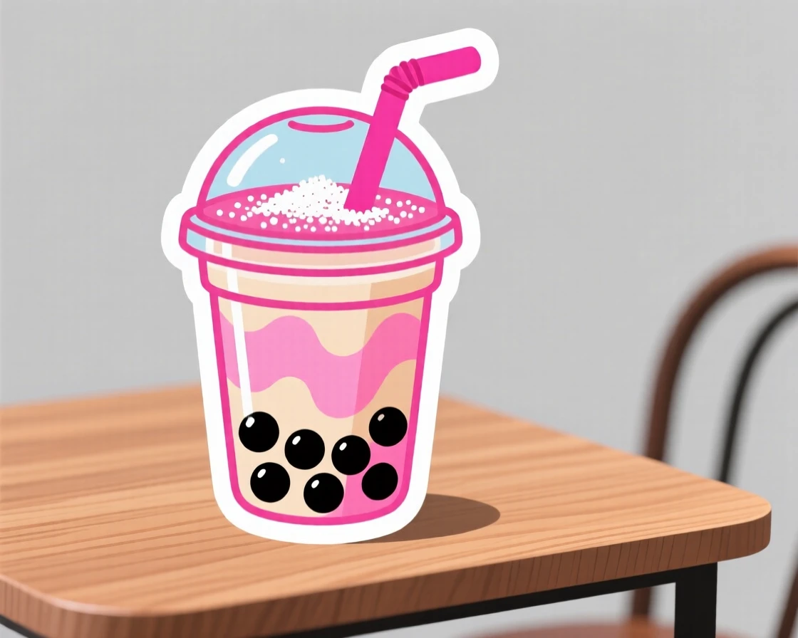 A colorful and vibrant bubble tea with tapioca pearls, topped with a dusting of powdered sugar, on a cozy café table.