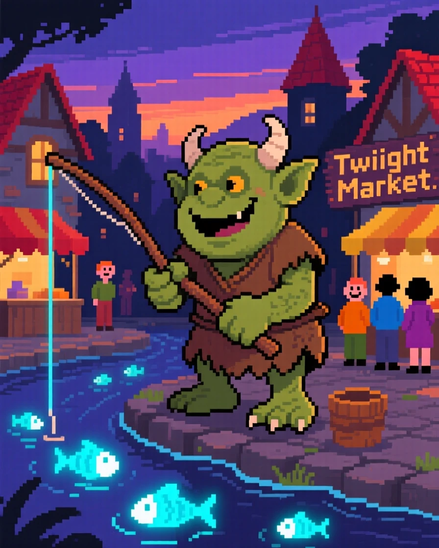 A friendly forest troll fishing for glowing river fish at twilight, in a market square of a fantasy town.