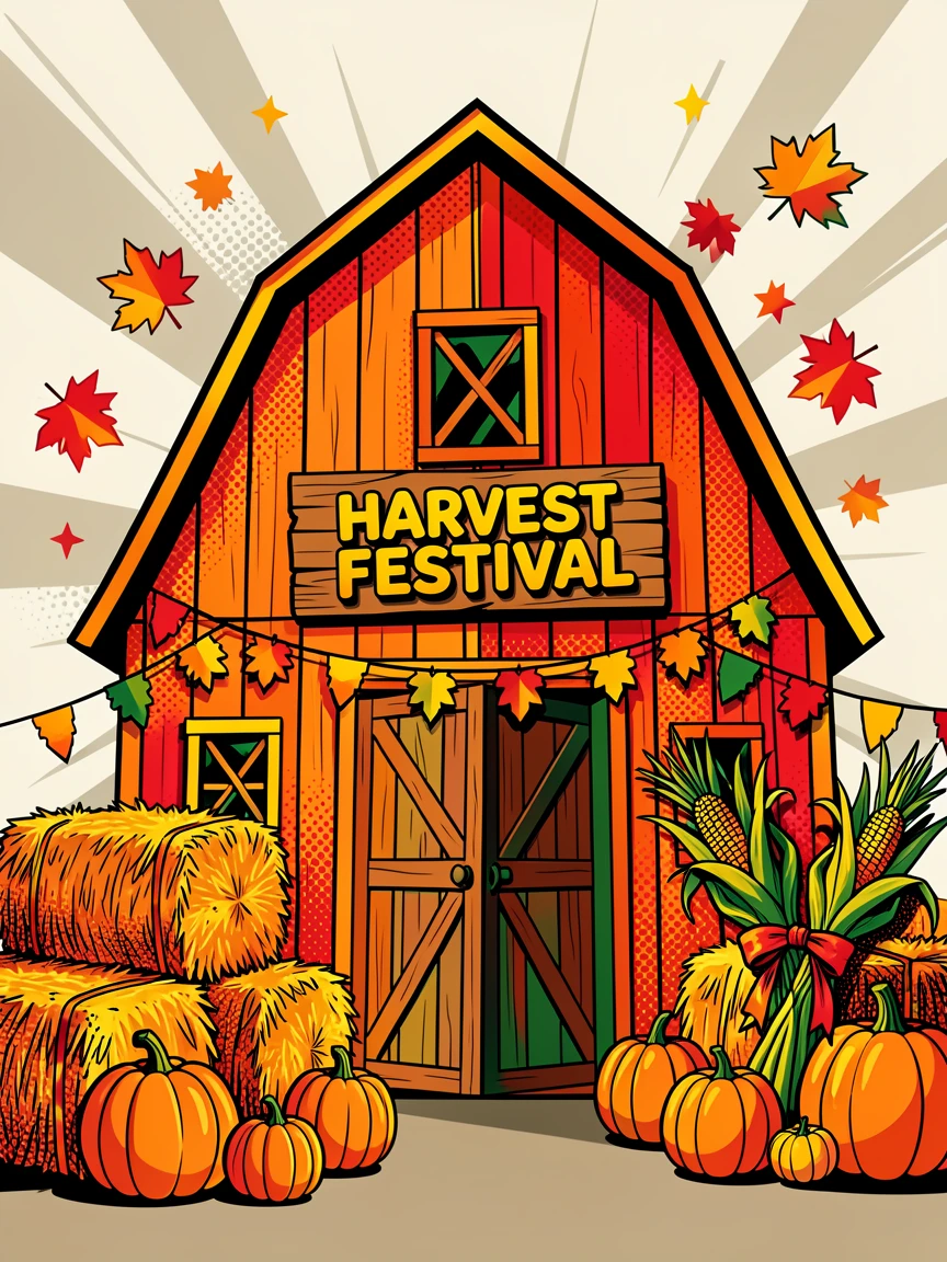 A rustic barn decorated for a harvest festival celebration