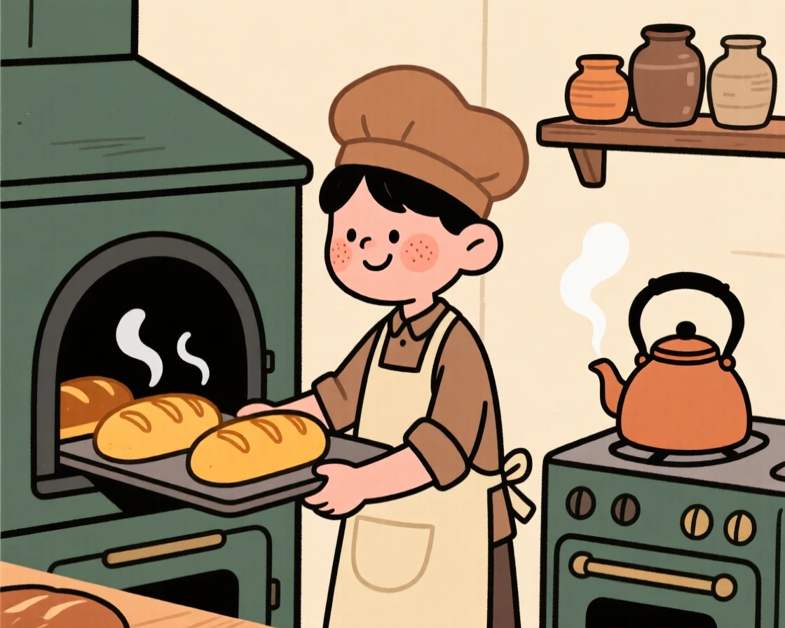 A young baker pulls a tray of golden loaves of bread from the oven in a small bakery, steam rising as a kettle whistles on the stove.