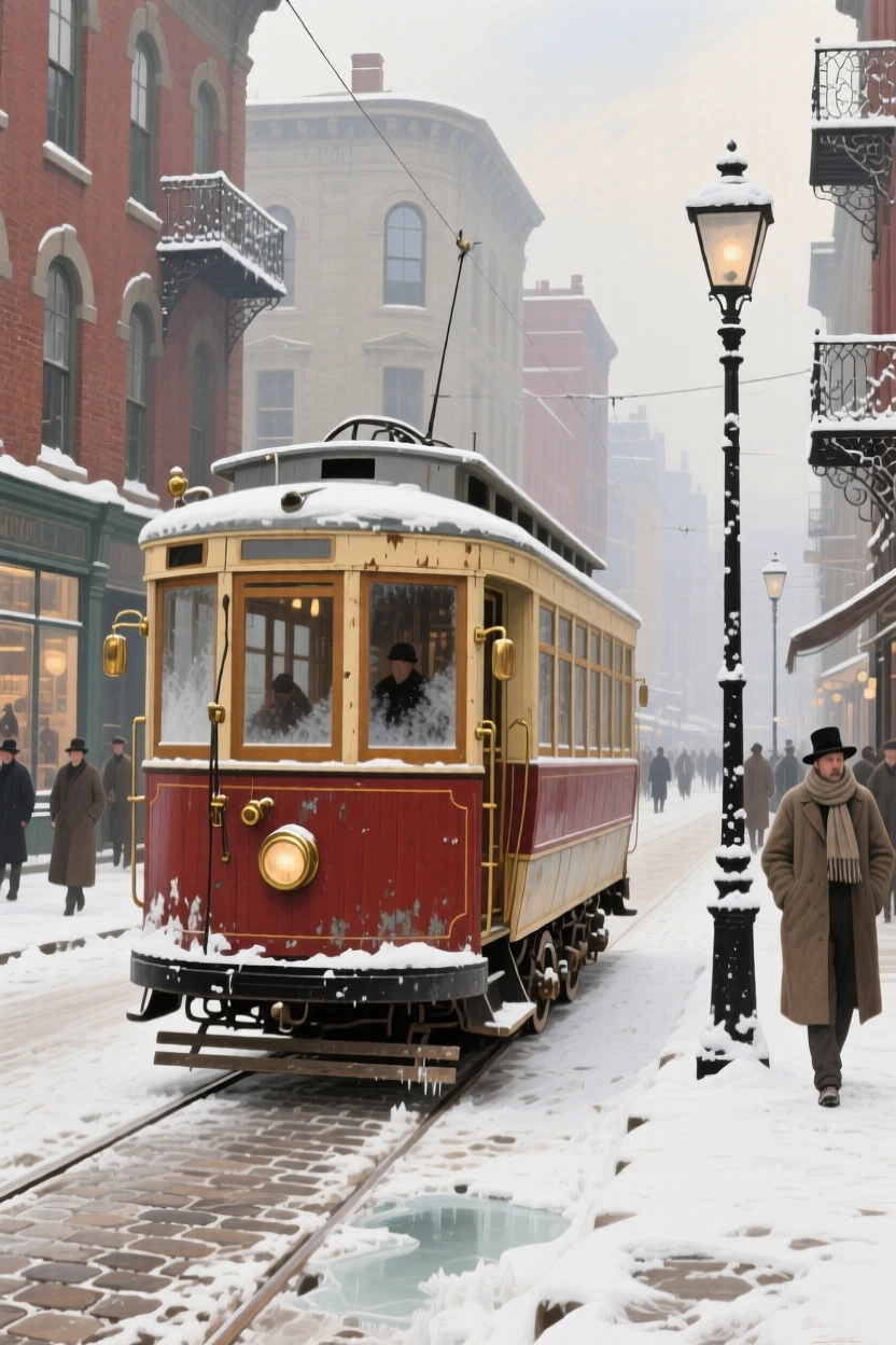 A panoramic view of a vintage trolley car rattling along a busy city street, in deep winter, at midday.