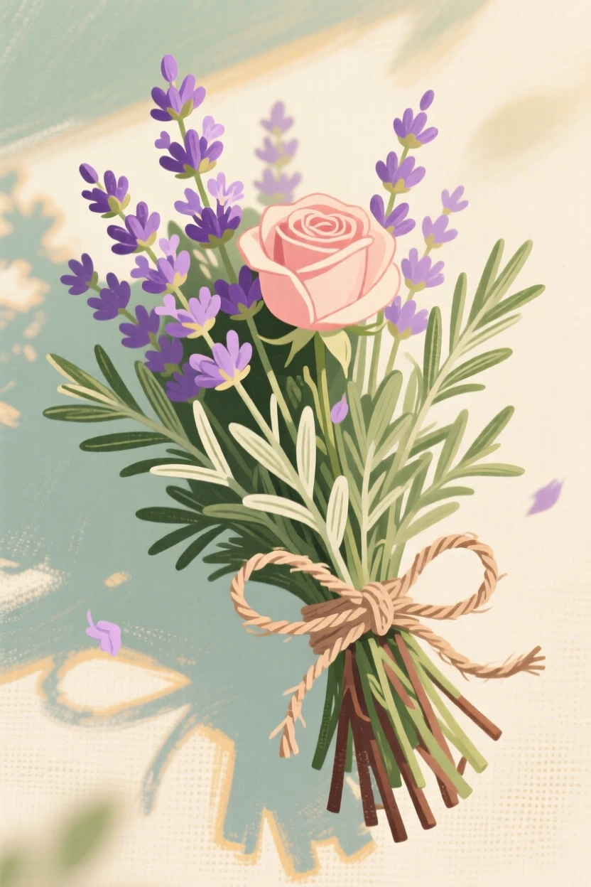A bundle of fresh lavender and rosemary tied with twine