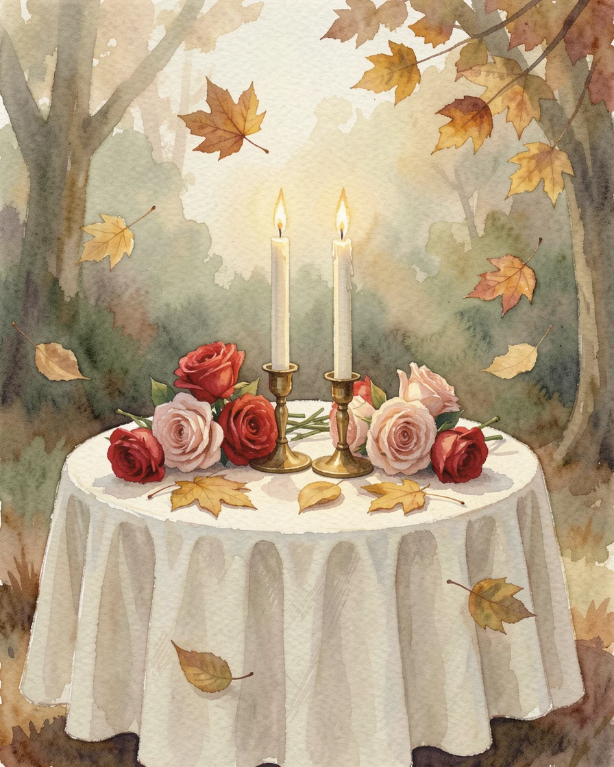 A Valentine's Day table set with roses and candlelight as golden autumn leaves drift in the breeze.