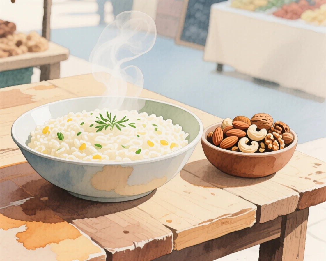 A bowl of creamy risotto sits beside a bowl of mixed nuts at a bustling market stall, arranged beautifully for a delightful meal