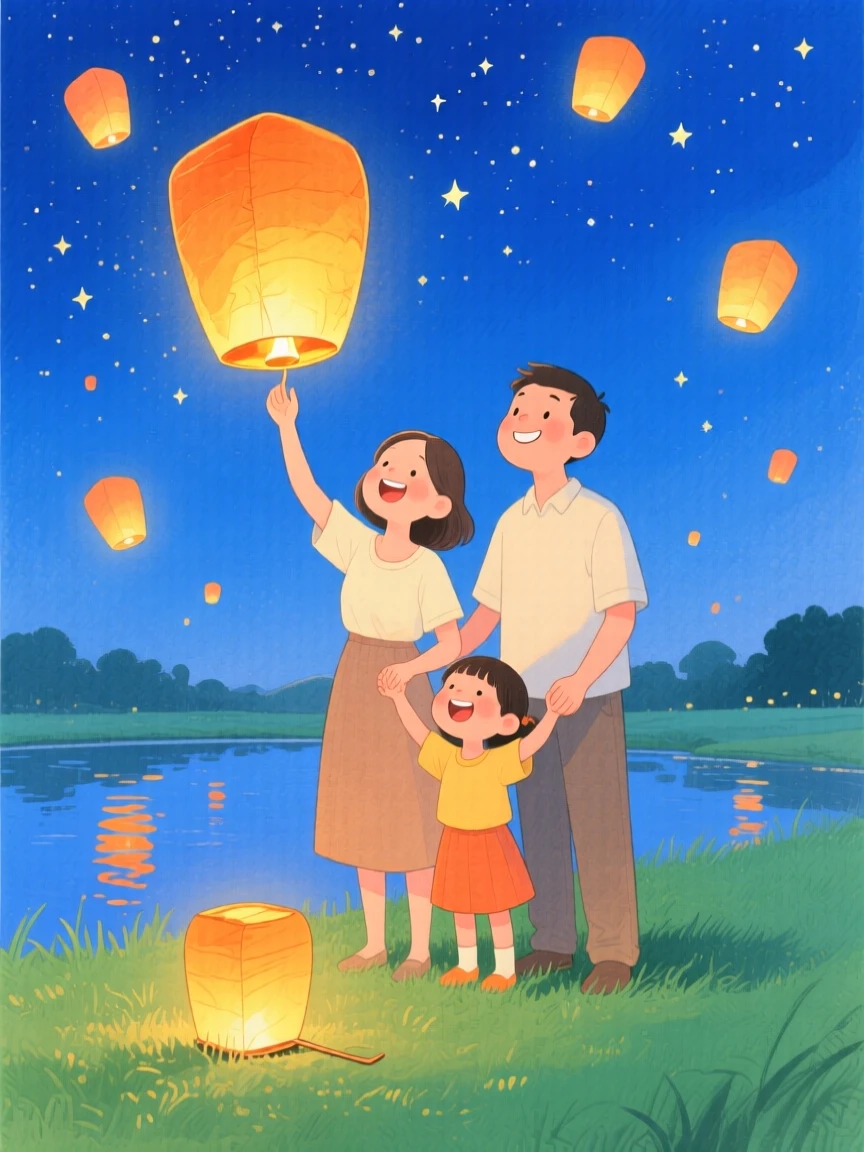 A family releasing lanterns into the night sky, full of warmth and laughter.