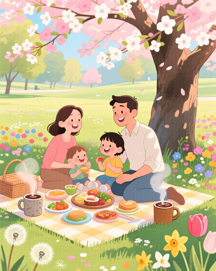 A family of four having a picnic under a blossoming tree, in a park bursting with spring blooms, with steam rising from mugs of cocoa nearby, simple togetherness and gratitude.
