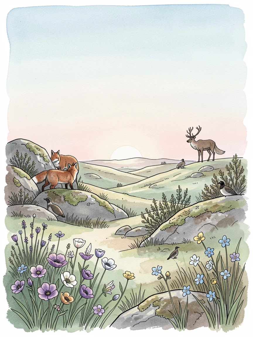 A remote tundra landscape dotted with wildflowers under a low arctic sun, wildlife moving quietly at the edges of the scene.
