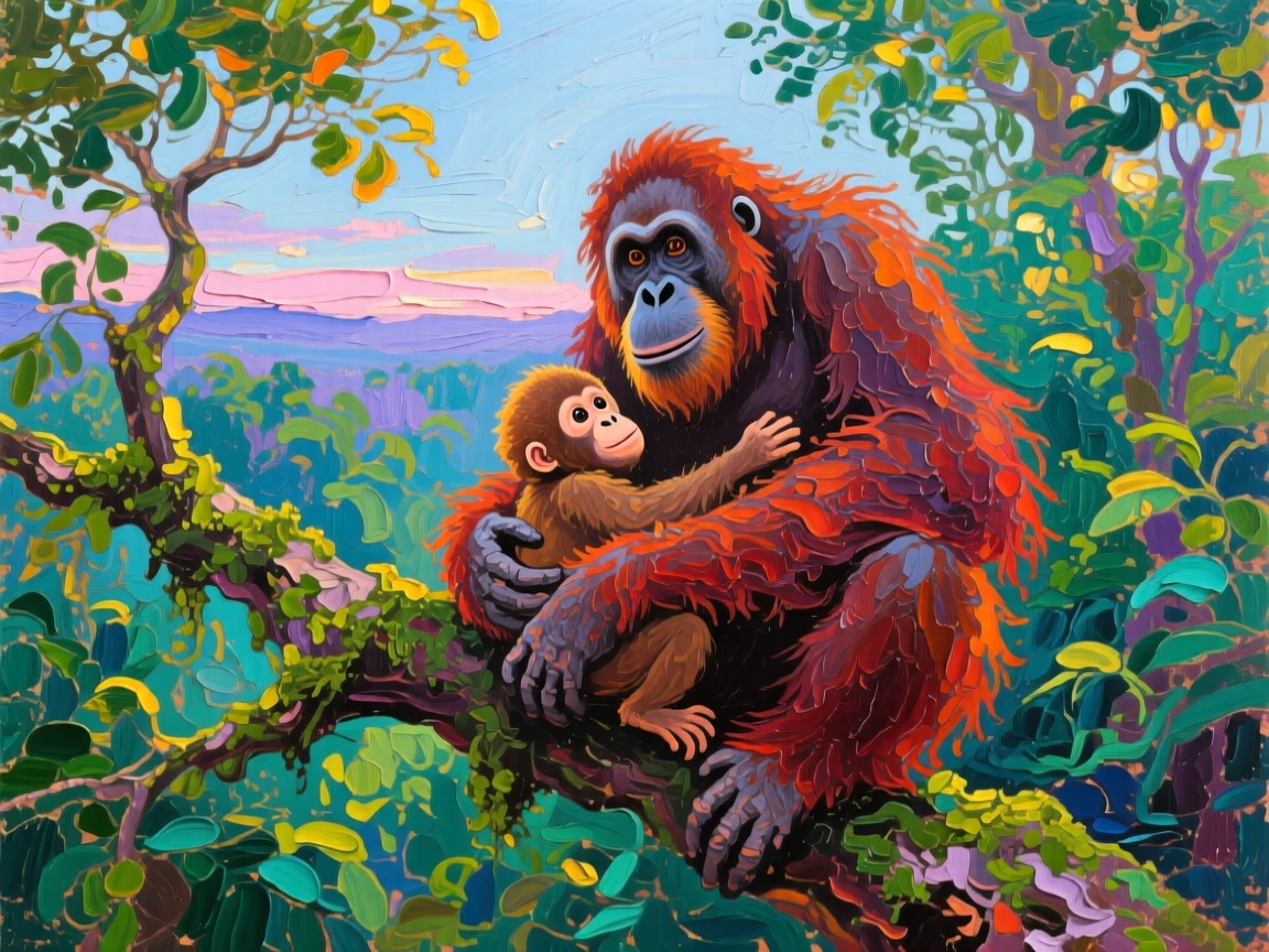 an orangutan cradling its infant in rainforest branches, under a vast open sky, with a balanced, spacious view of the surroundings.