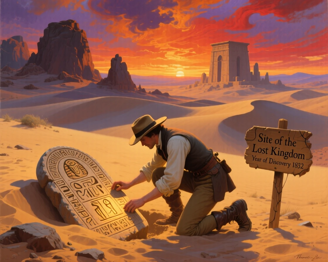 An archaeologist uncovers an ancient artifact buried in desert sand.