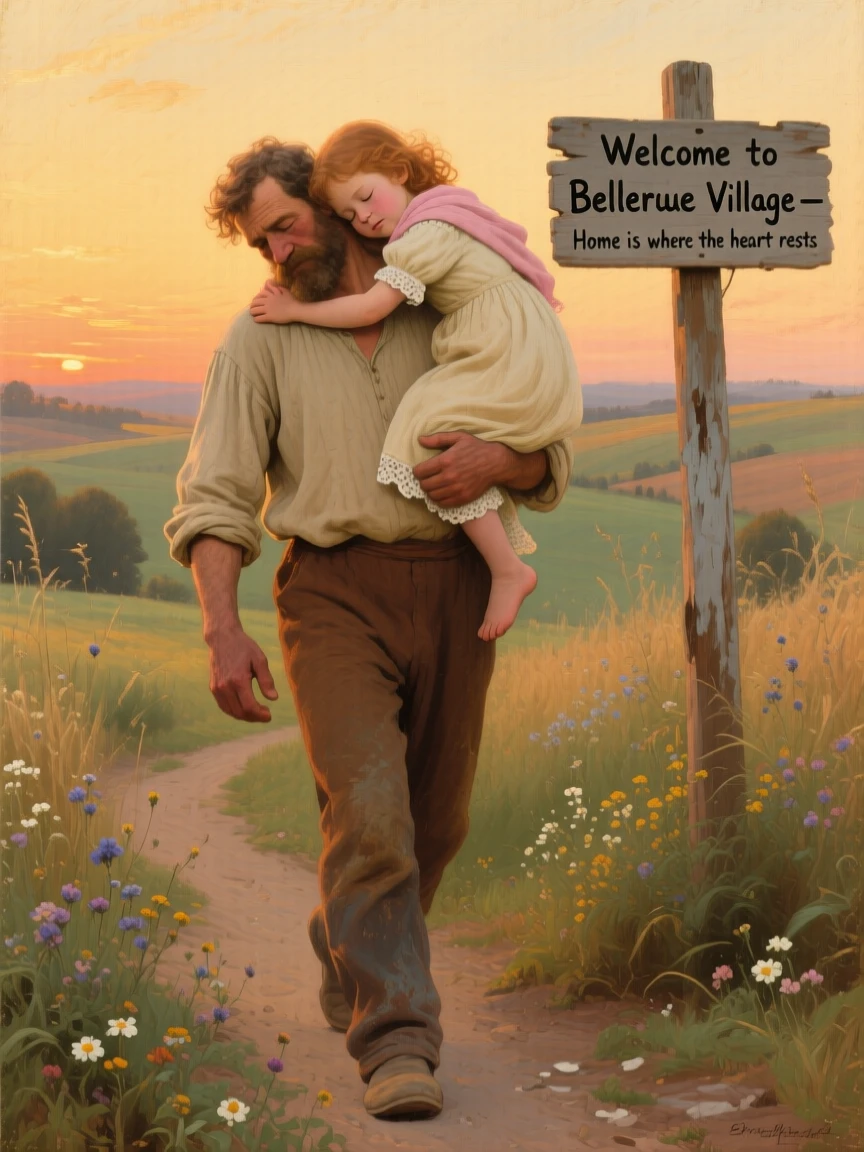 A father carrying his sleepy daughter on his shoulders after a long day out, with warm, inviting colors throughout the scene, offering a heartwarming glimpse into ordinary, meaningful moments