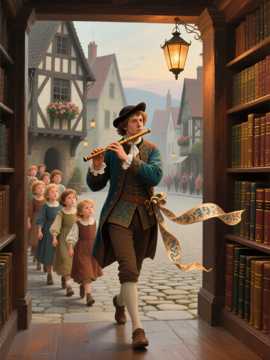 The pied piper leading enchanted children through a village square as if pulled directly from a cherished tale, set within a cozy library filled with worn, beloved books, with lanterns swaying gently and silk ribbons catching the breeze; the composition frames the central figure like a page brought to life, filled with romance, imagination, and quiet drama.