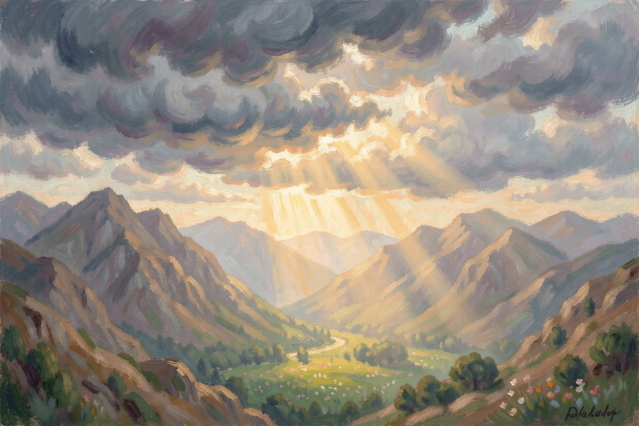 A dramatic sunbeam breaking through storm clouds over a rugged mountain range, illuminating a single valley below.