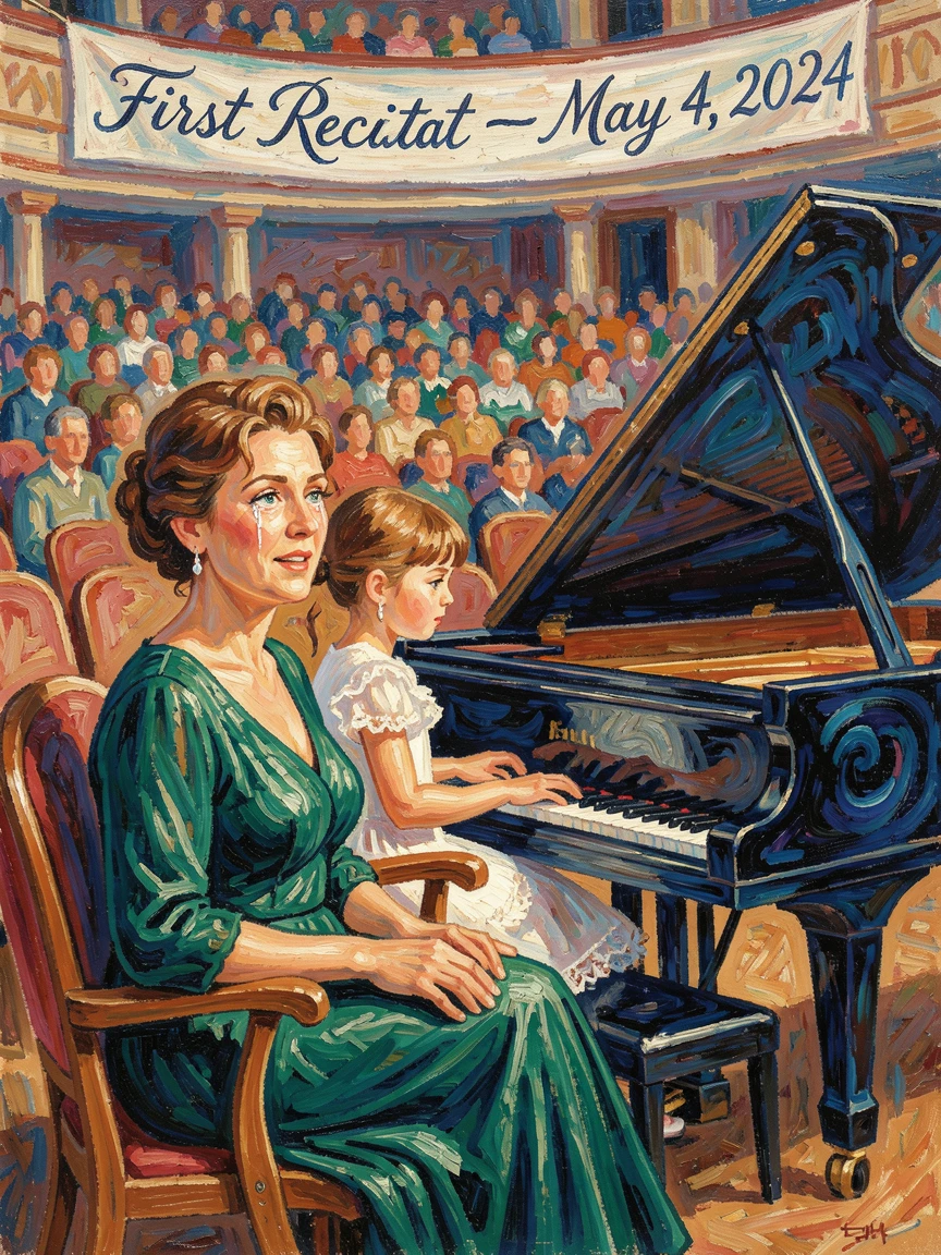 A proud mother watching her daughter's first piano recital from the front row, eyes glistening.