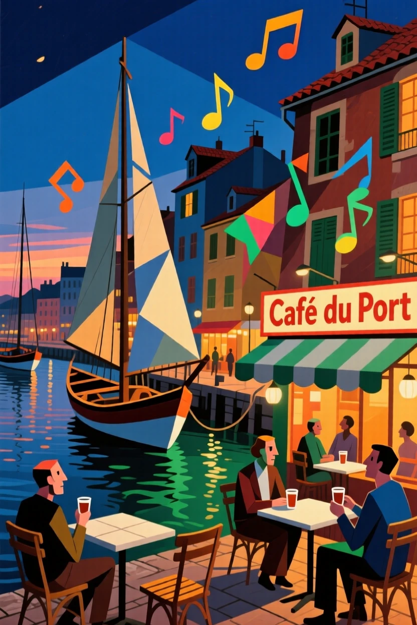 A vibrant scene of a sleepy harbor town alive with music drifting from a nearby café.
