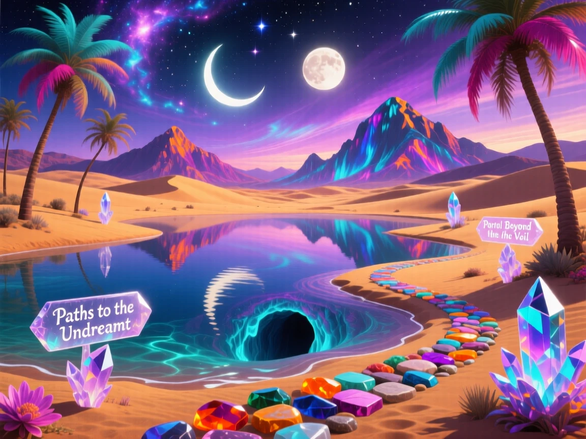 A desert oasis where the water reflects a completely different sky unfolds new paths each time it is entered, while distant mountains seem to shimmer like a mirage.
