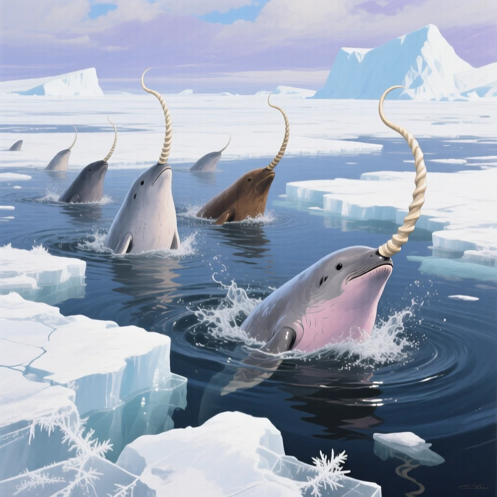 A pod of narwhals surfaces among ice floes in the Arctic Ocean, their long spiral tusks breaking through cracks in the frozen water, the scene suggesting a fleeting, candid moment rather than a posed encounter.
