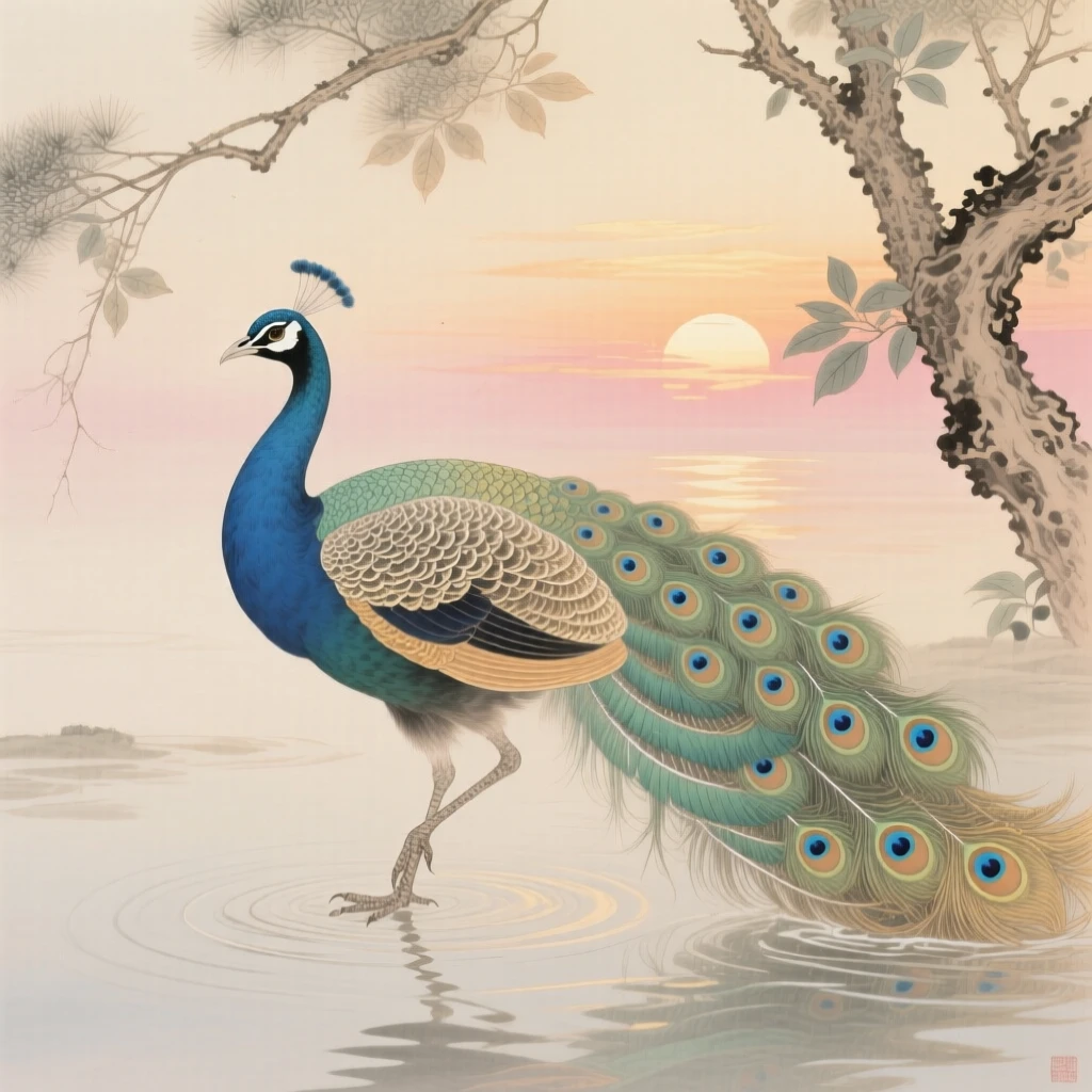 A peacock with its tail fanned open standing on one leg in shallow water at sunrise, soft morning light filtering through the branches