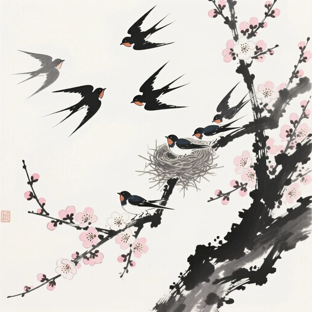 A flock of swifts nesting among blossoming branches beside a blooming plum tree, framed against a wide expanse of open sky, evoking grace, freedom, and quiet elegance.
