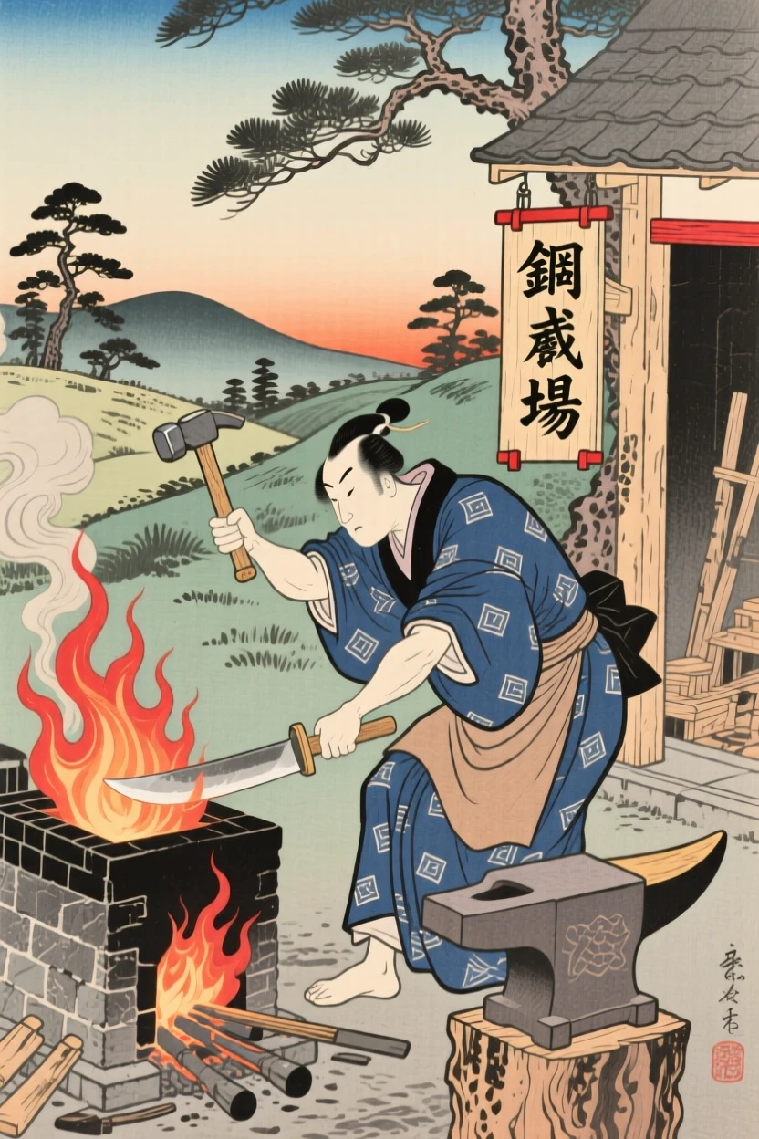 A woodcarver hammering a glowing blade at a roaring forge.