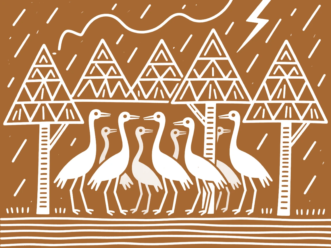 A flock of migrating cranes sheltering under trees during a storm.