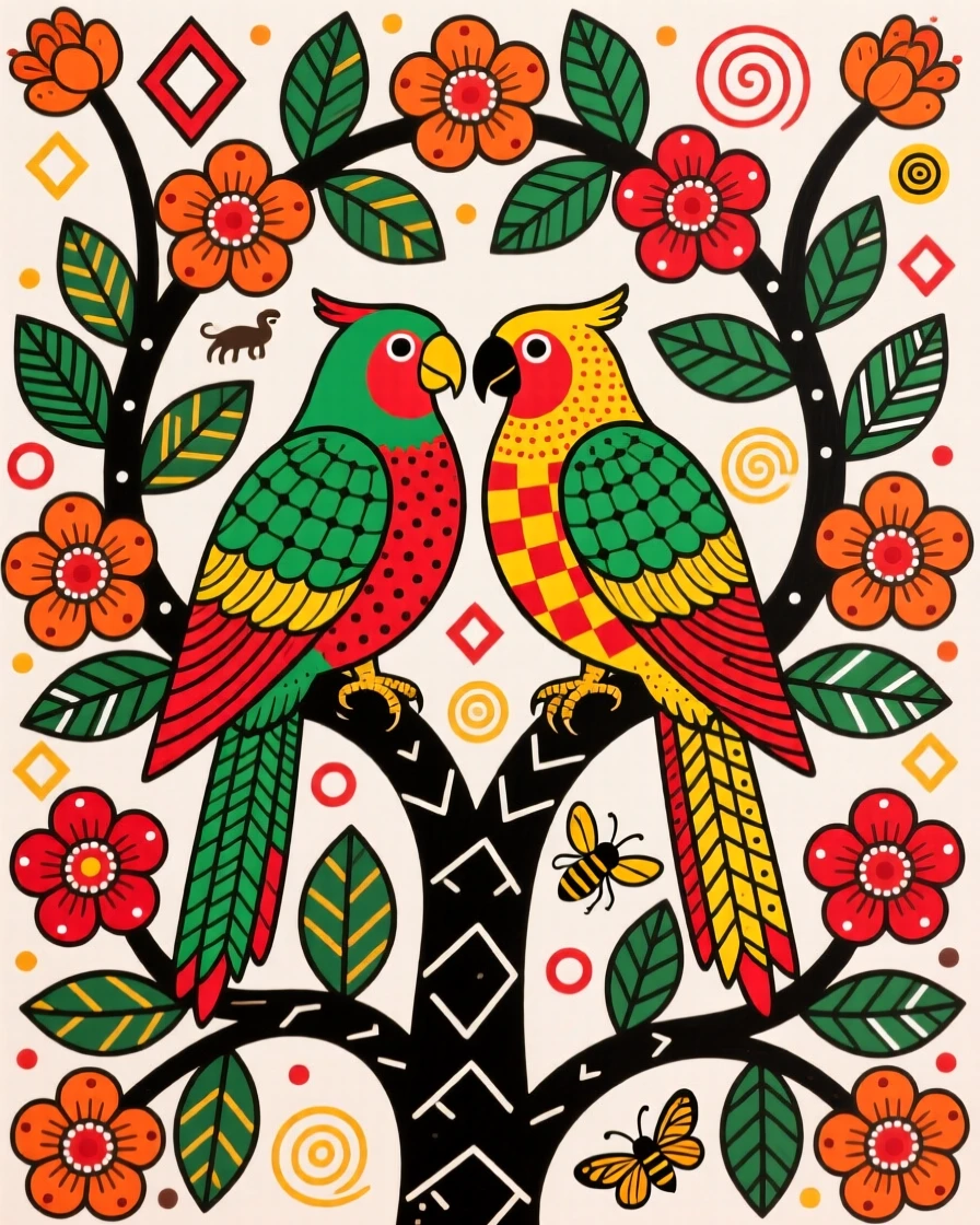A pair of parrots nesting in a flowering gulmohar tree.