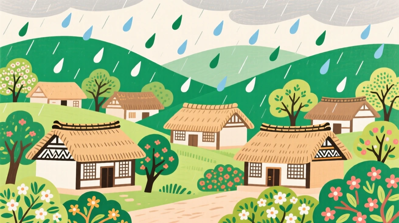 A view of a village of thatched-roof houses, during a quiet spring rain.