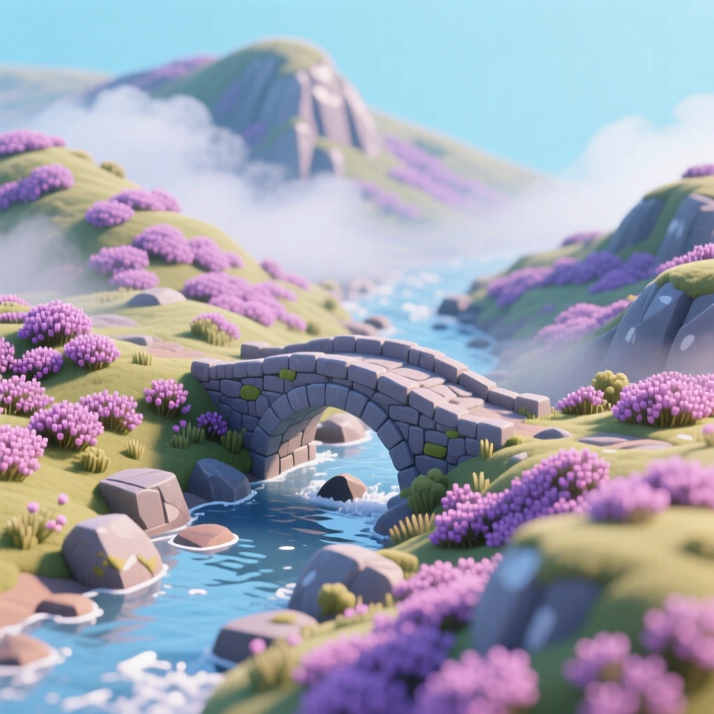 A rugged highland glen with a stone bridge crossing a rushing stream, heather covering the hillsides, and mist drifting through the valley.
