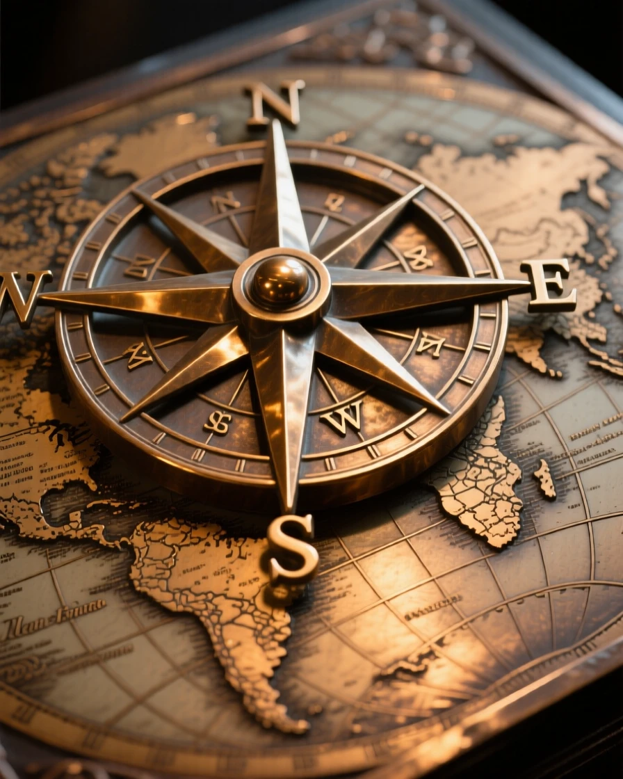 A compass rose glowing atop an old world map, symbolizing destiny, composed with striking clarity and a strong central focal point, evoking deep emotional resonance